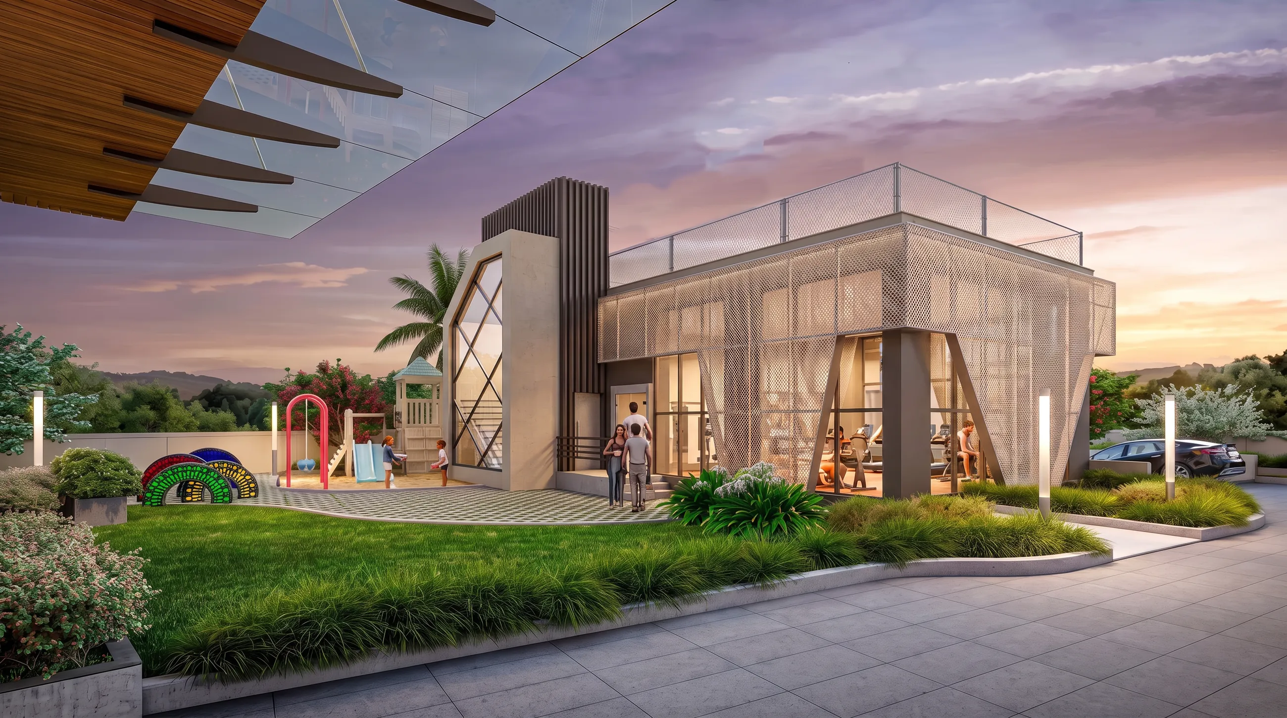 The clubhouse, lawns and children’s play area at Aranya The Park